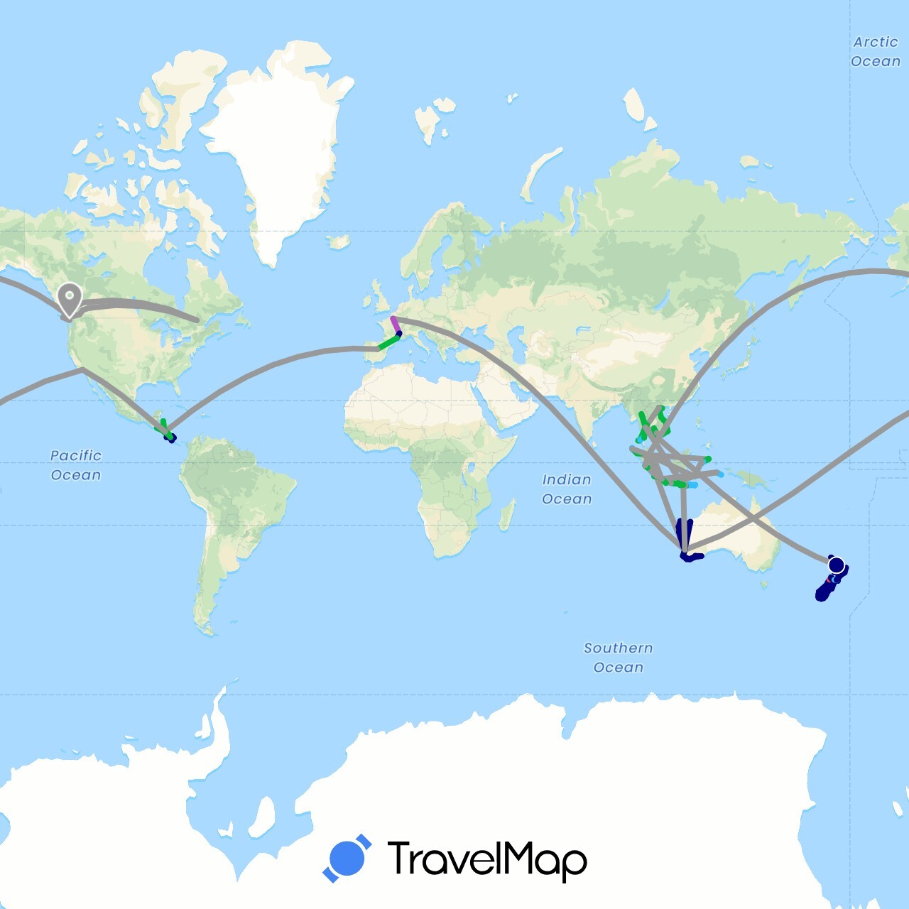 TravelMap itinerary: driving, bus, plane, train, hiking, boat in Australia, Canada, Costa Rica, Spain, France, Honduras, Indonesia, Cambodia, Malaysia, Nicaragua, New Zealand, El Salvador, Thailand, United States, Vietnam (Asia, Europe, North America, Oceania)